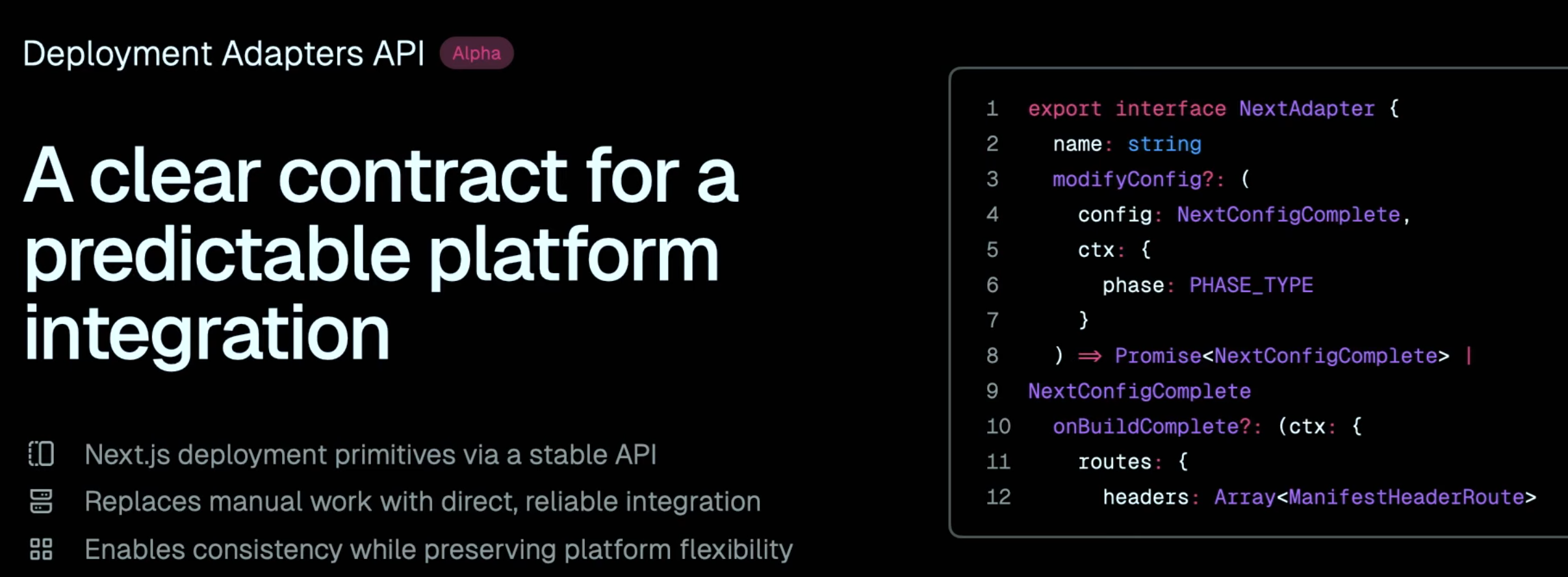 A slide from Next.js Conf 2025 - Next.js Deployment Adapters API: A clear contract for a predictable platform integration