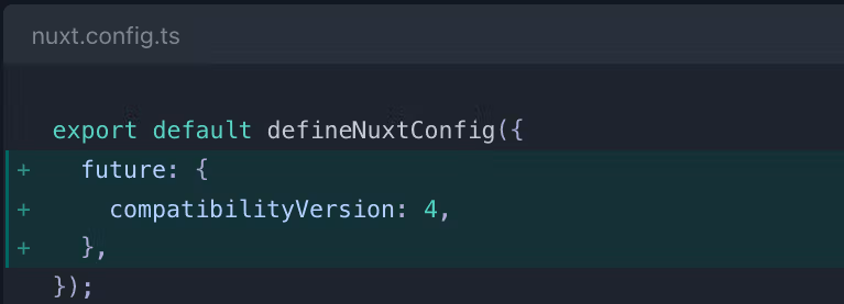 A code example showing a nuxt.config.ts file with compatibilityVersion set to 4